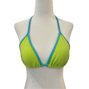 FRANKIES BIKINIS BIKINI TOP. LIME GREEN WITH TURQUOISE EDGING & TIES. SIZE LARGE